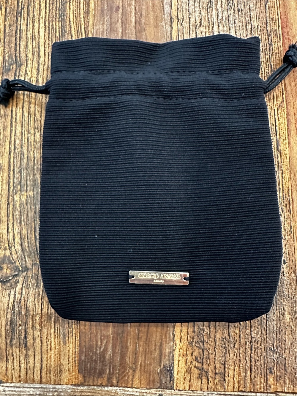 Giorgio Armani Black Ribbed Drawstring Cosmetic Pouch with Metal Plaque